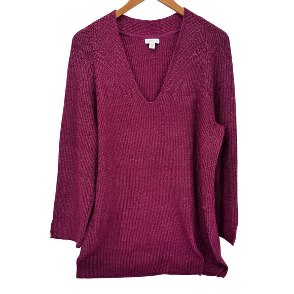 J Jill Sweater Womens Petite Large Lp Burgundy Marled V-Neck Tunic Pullover Knit - Picture 1 of 9